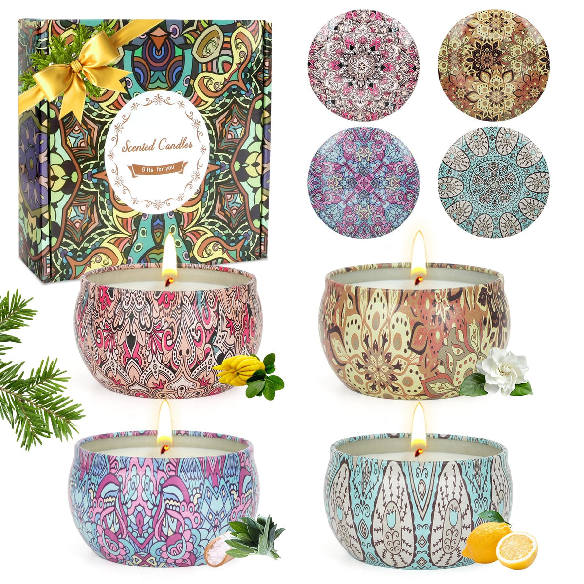 OFUN velas aromaterapia en caja regalo 4-pack crean ambiente cálido en casa.