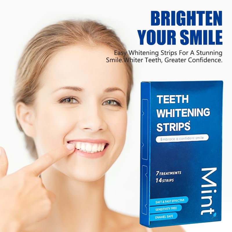 OHOO tiras blanqueadoras aplicadas en dientes, adherencia firme para resultados consistentes.