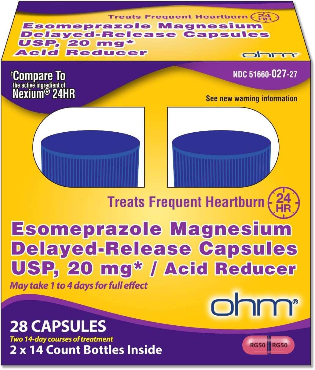 Ohm Esomeprazol 20 mg cápsulas para alivio potencial del ardor estomacal durante el día.