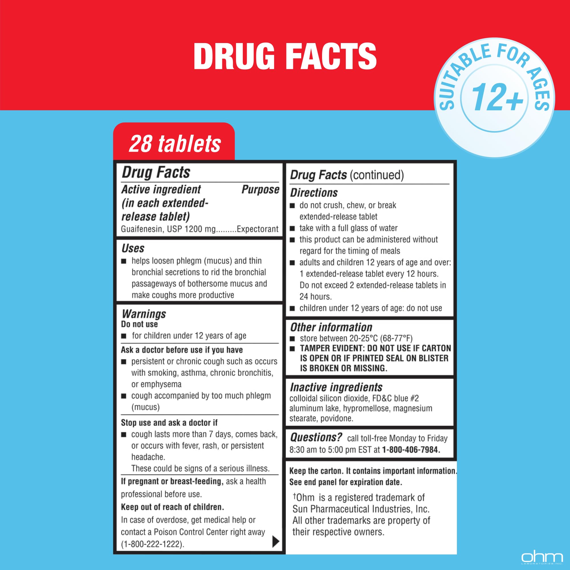 Ohm Guaifenesin 1200 mg presentación: 28 tabletas para la familia