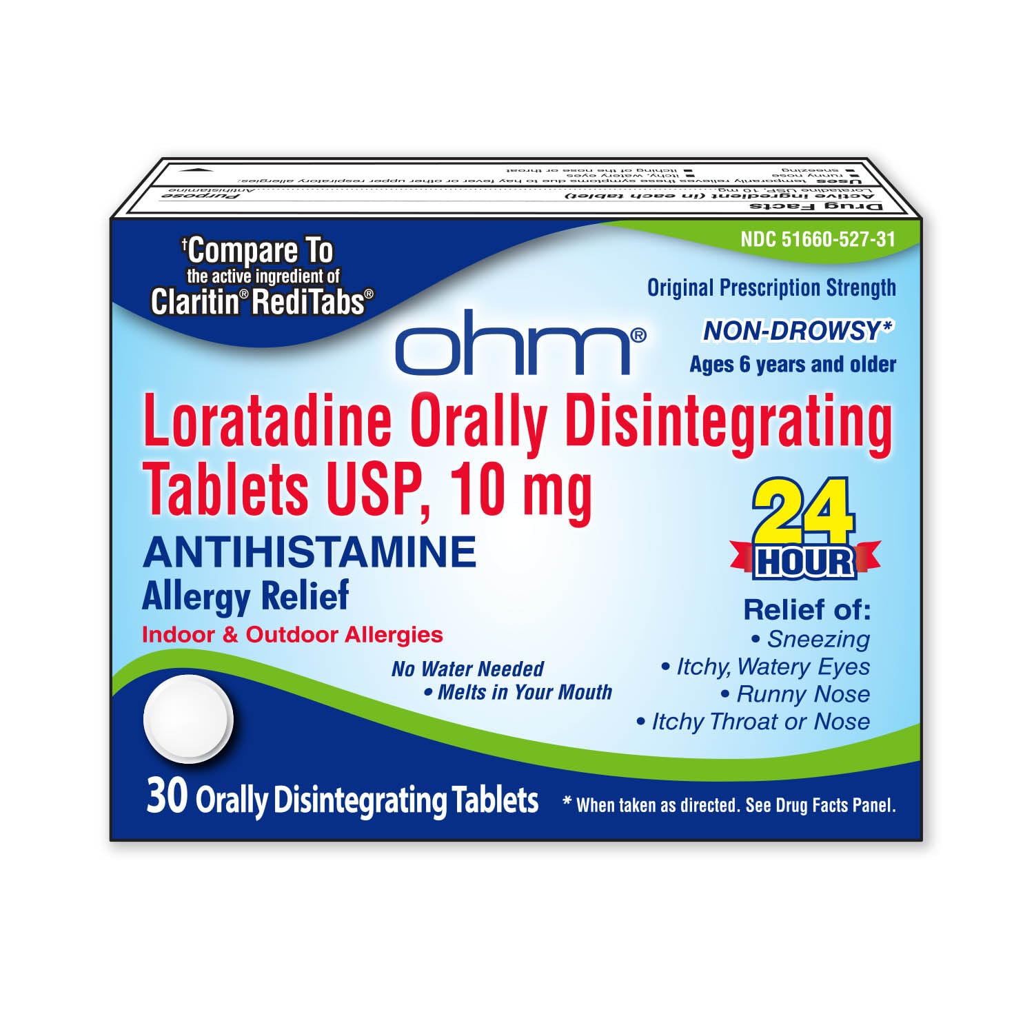 Ohm Loratadina 10 mg, comprimidos que se disuelven, alivio de alergias sin necesidad de agua