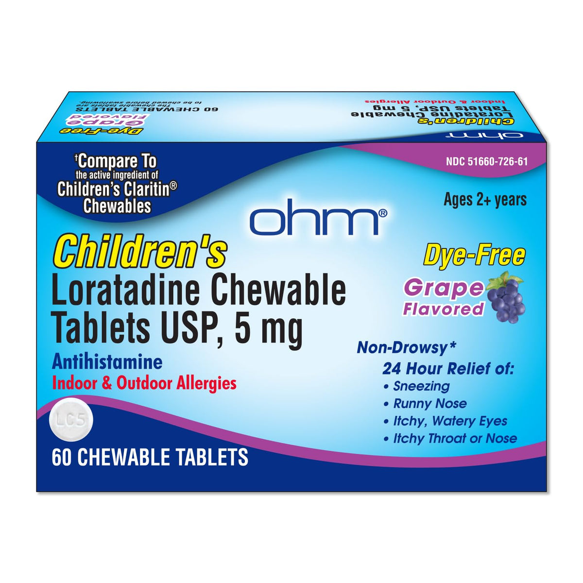 Ohm Loratadina 5 mg, tabletas masticables sabor uva para niños, alivio posible de alergias.