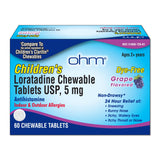 Ohm Loratadina 5 mg, tabletas masticables sabor uva para niños, alivio posible de alergias.