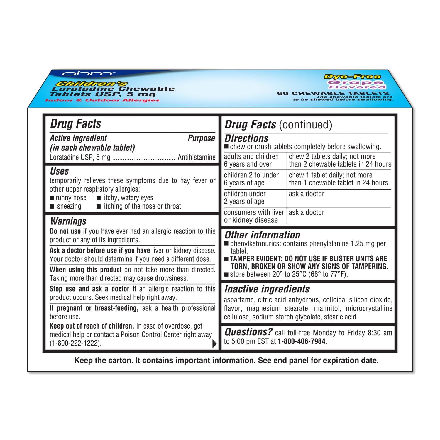 Tabletas masticables de Ohm, sabor uva, apoyo diario para nariz y ojos sensibles.