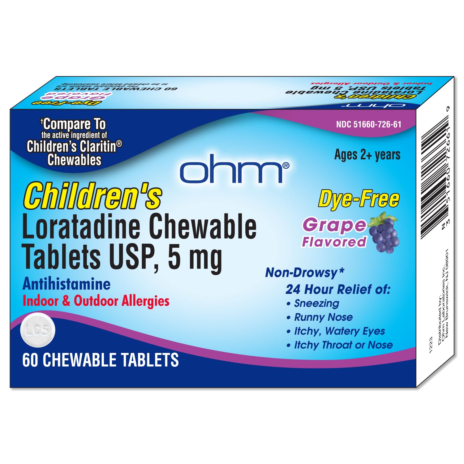 Ohm Loratadina, sabor uva, alivio cómodo para estornudos en actividades cotidianas.