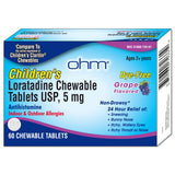 Ohm Loratadina, sabor uva, alivio cómodo para estornudos en actividades cotidianas.
