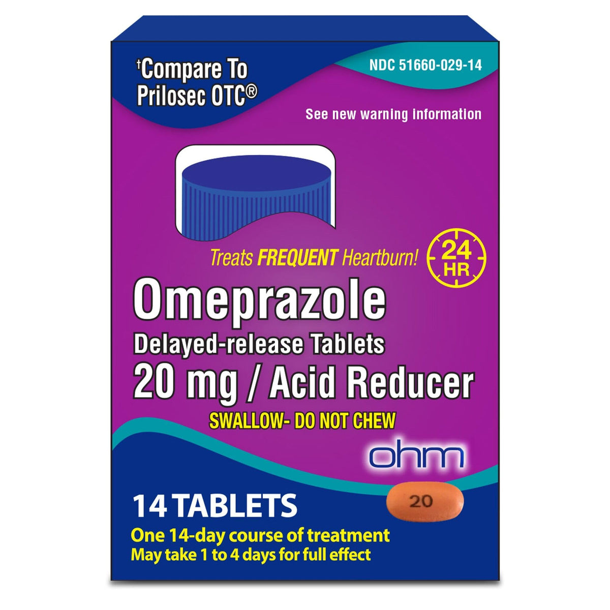 Ohm Omeprazole 20 mg: caja del producto para alivio sostenido del ardor.