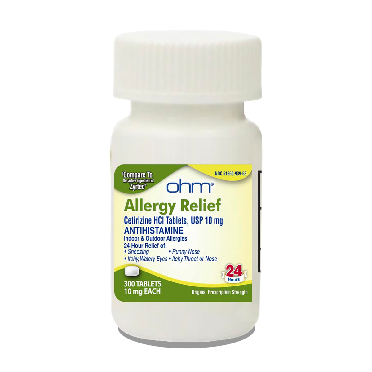 Ohm tabletas cetirizina 10 mg, alivio diario de estornudos y picor.