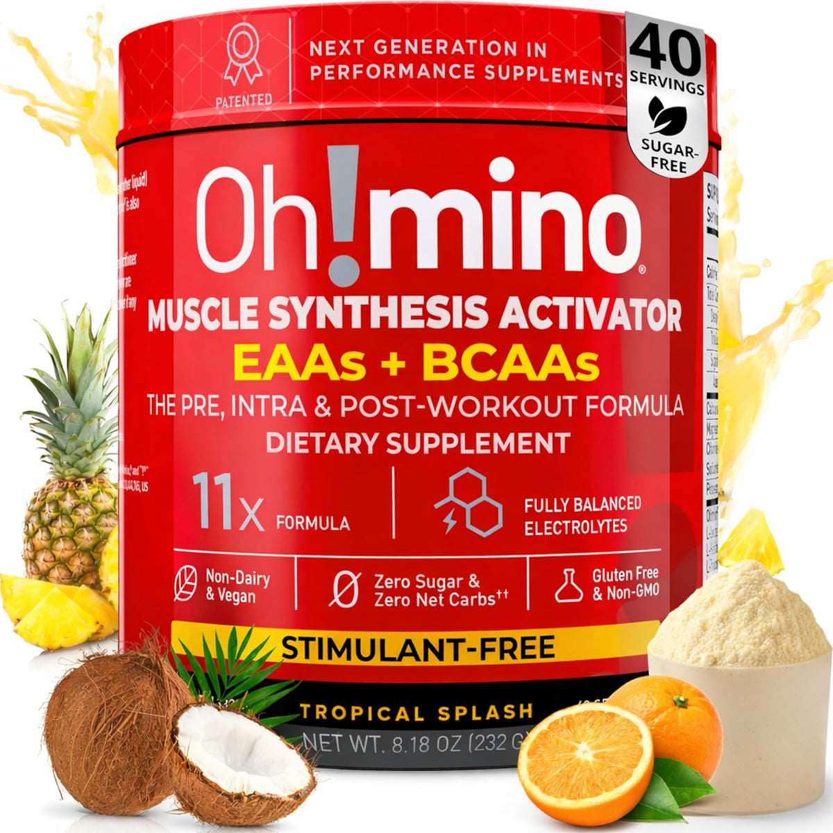 Oh!mino BCAAs + EAAs: frasco con sabor tropical para entrenamientos.