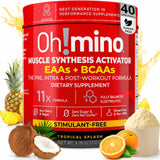 Oh!mino BCAAs + EAAs: frasco con sabor tropical para entrenamientos.