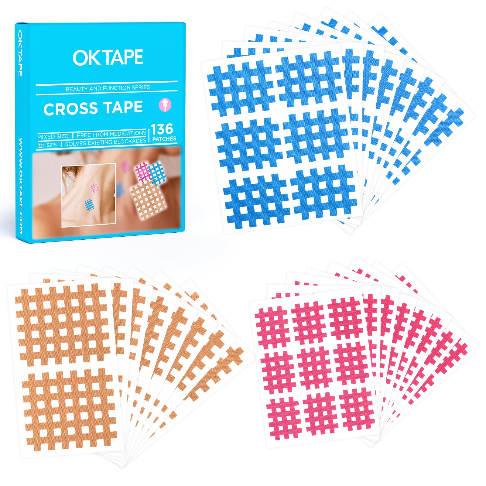 OK TAPE Cross Tape cubre puntos gatillo musculares para alivio localizado.