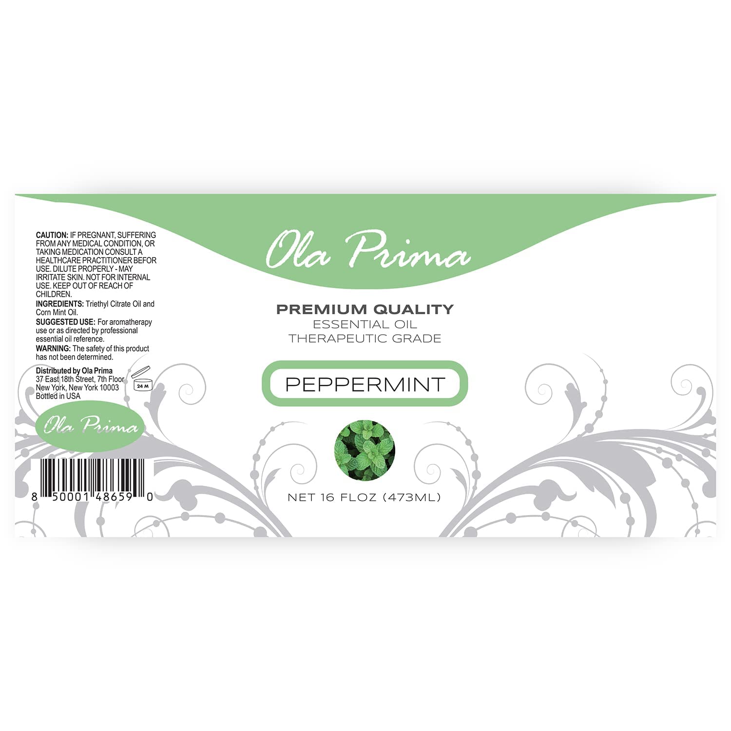 Ola Prima aceite de menta, frasco oscuro que conserva la frescura diaria.