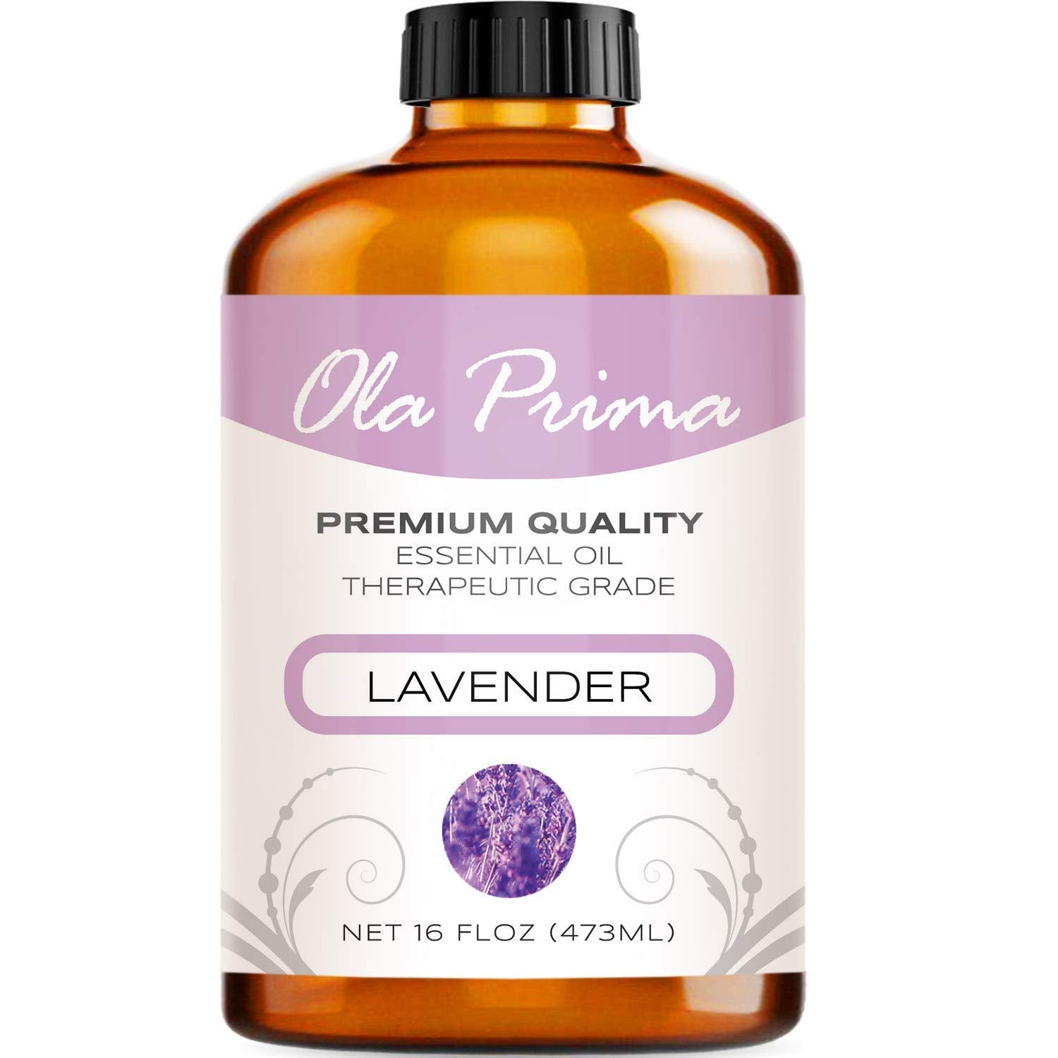 Ola Prima Lavanda, botella ámbar de 16 oz, preserva pureza para aromaterapia diaria.