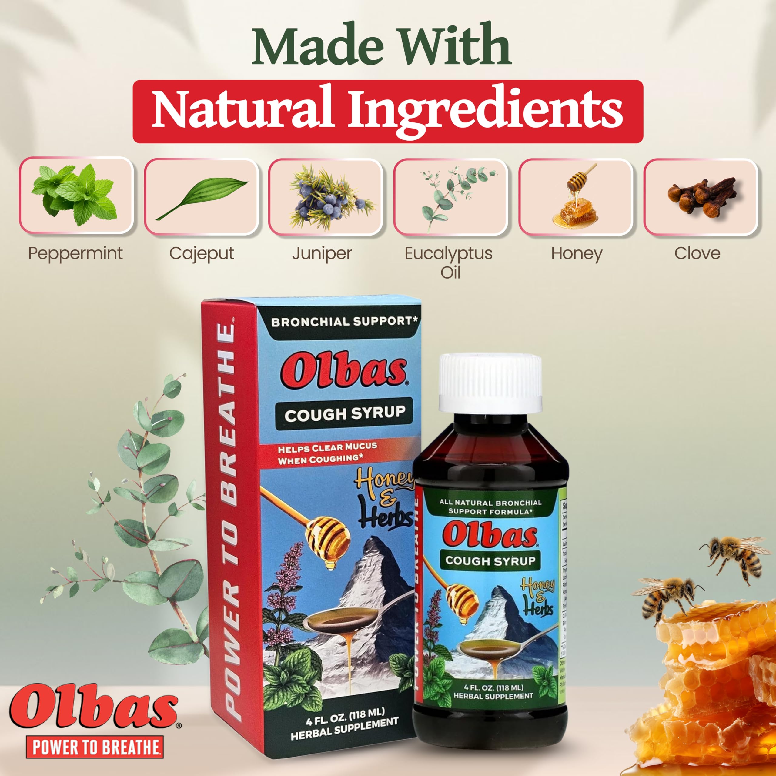 Olbas: fórmula miel herbal, aroma calmante, favorece una respiración más cómoda.
