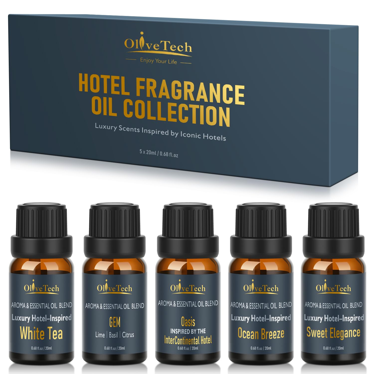 OliveTech Colección Hotel: set de difusores en 5 frascos para ambientar con lujo.
