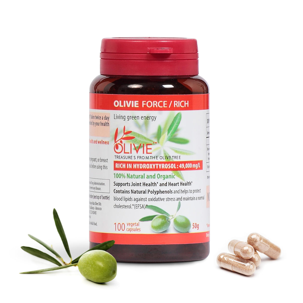 OLIVIE Force/Rich cápsulas de hoja de olivo para complementar la rutina antioxidante diaria.