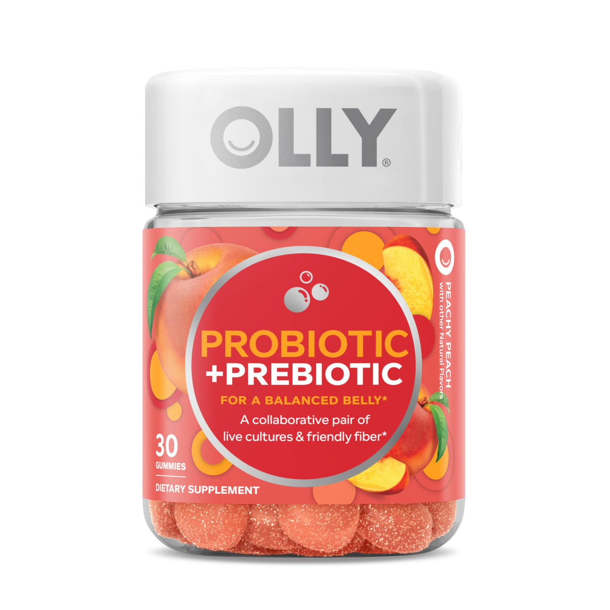 OLLY probiótico-prebiótico gomitas, envase de 30 días, apoyo digestivo diario.