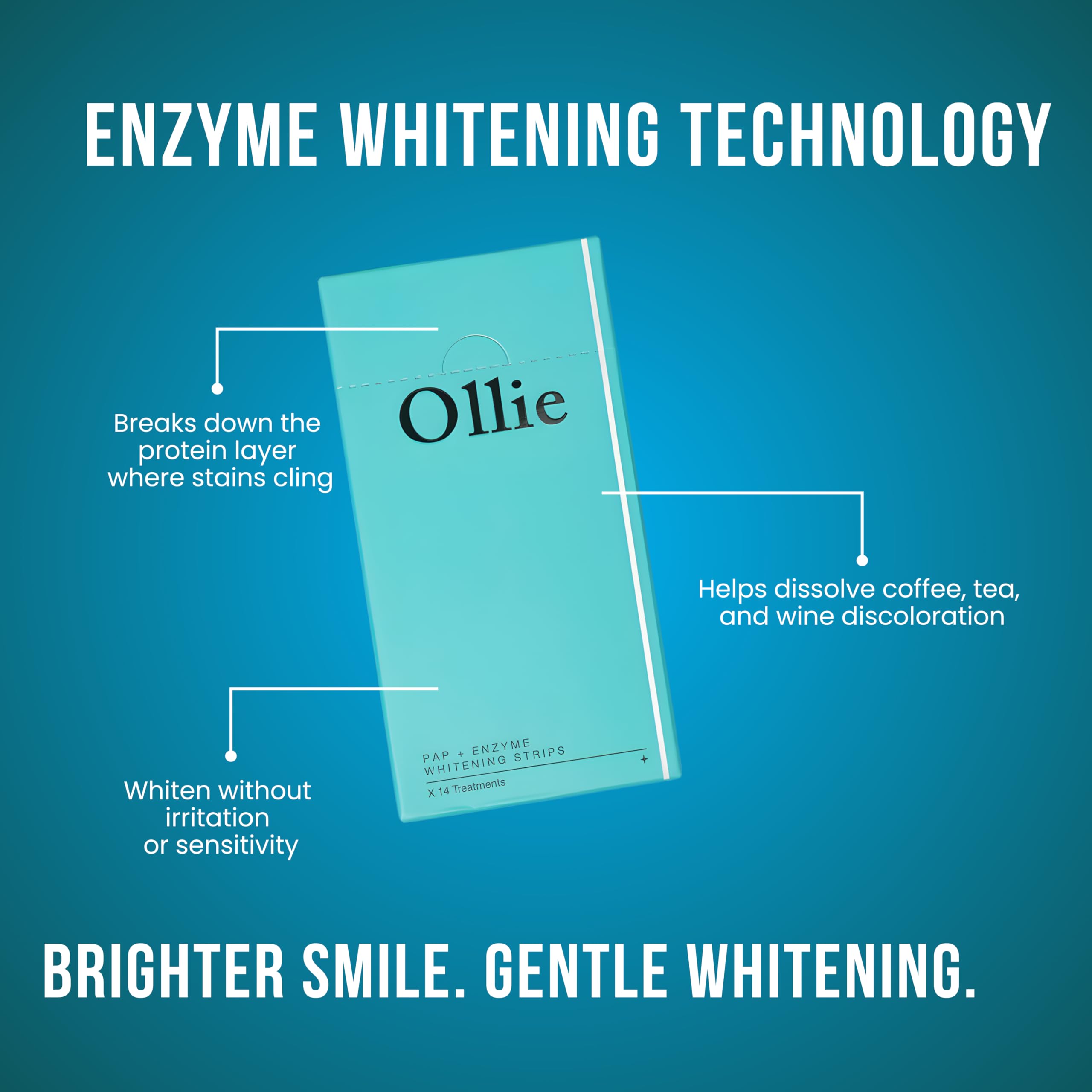 Ollie Enzy Sensitive Strips ingredientes activos sin peróxido para blanqueamiento suave.