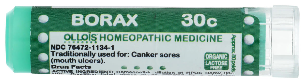 OLLOÏS Borax 30c: pellets bajo la lengua para disolución rápida y suave.