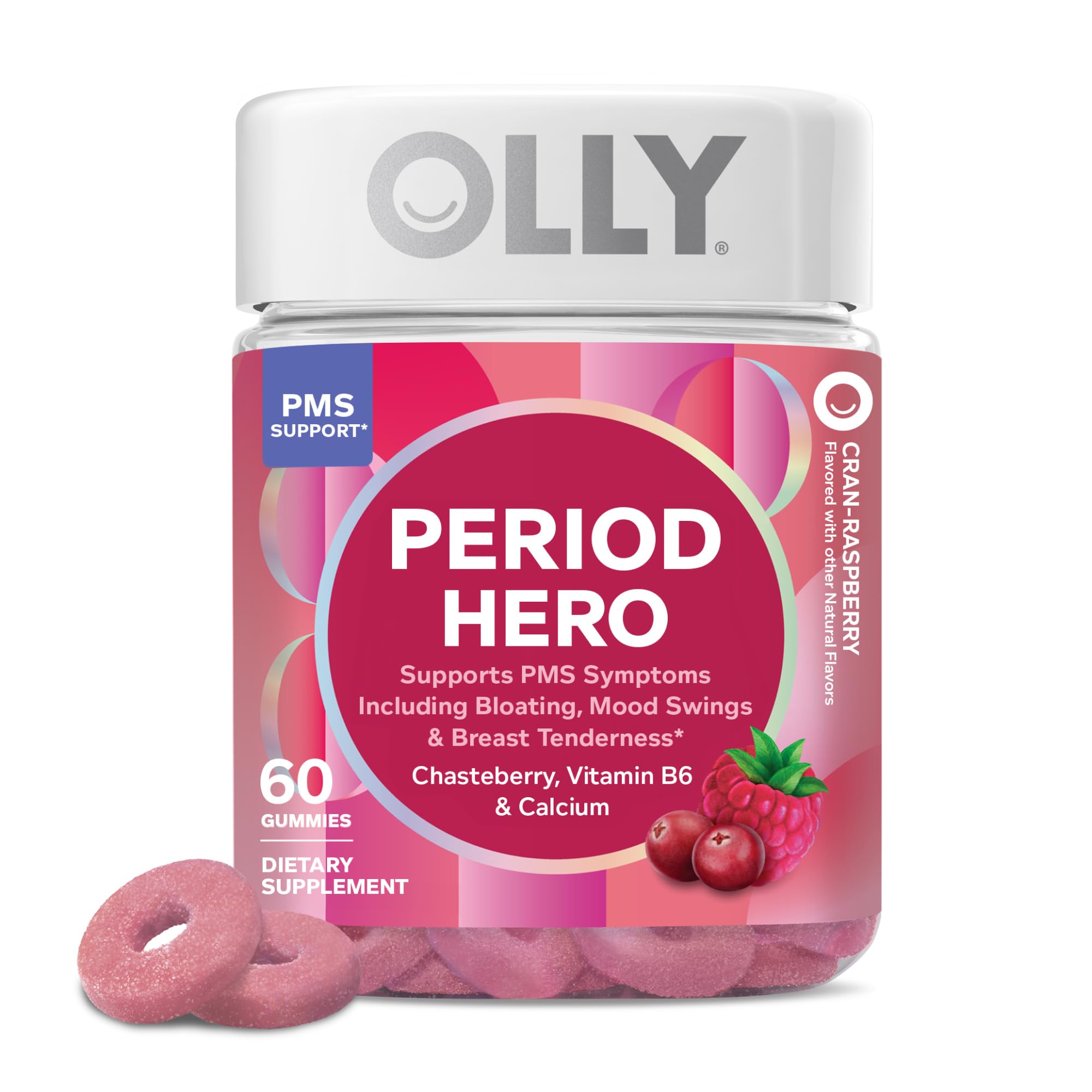 OLLY Period Hero Gummies: botella de 60 gomitas para uso diario durante el ciclo.