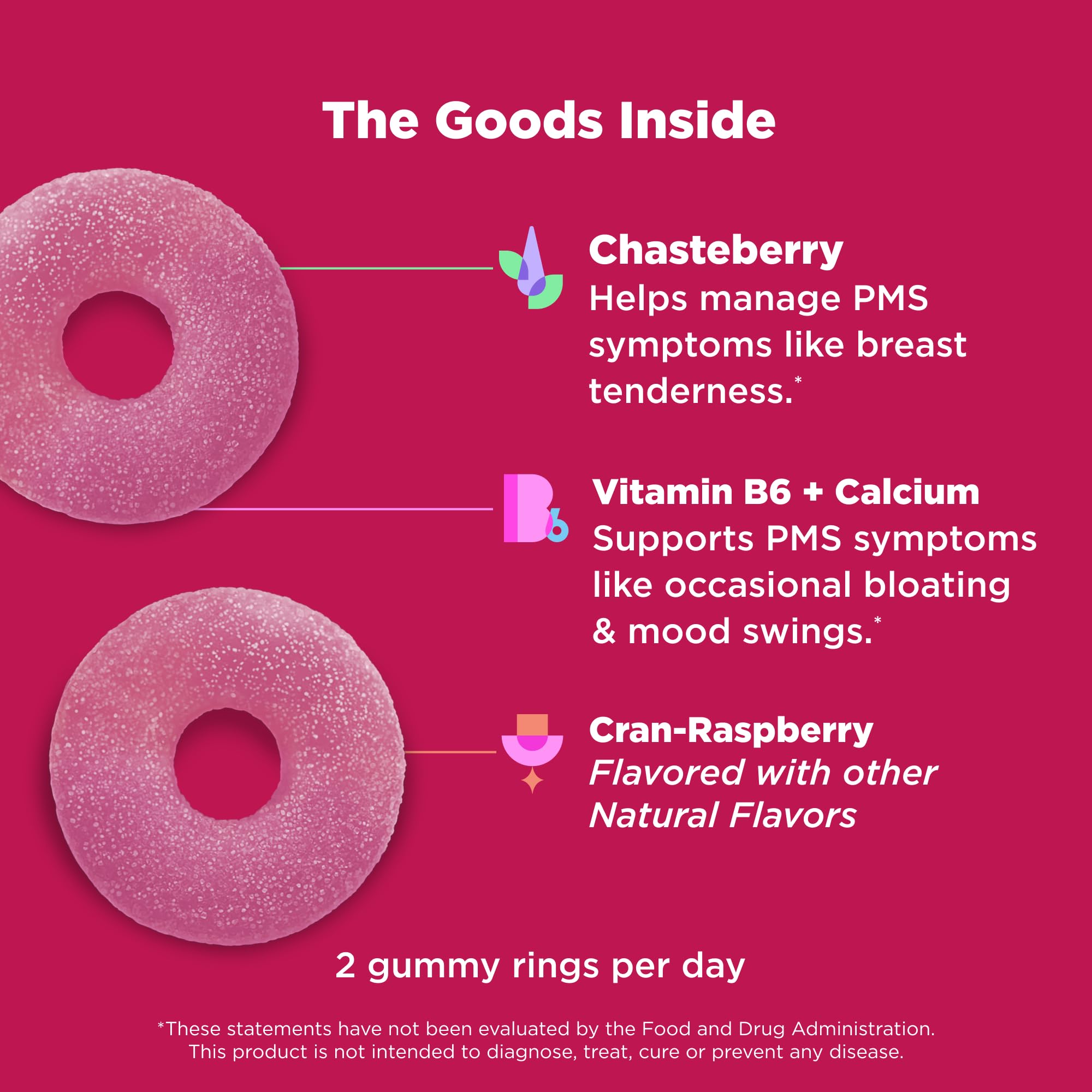 OLLY Period Hero Gummies: etiqueta frontal destacando ingredientes clave para el bienestar femenino.