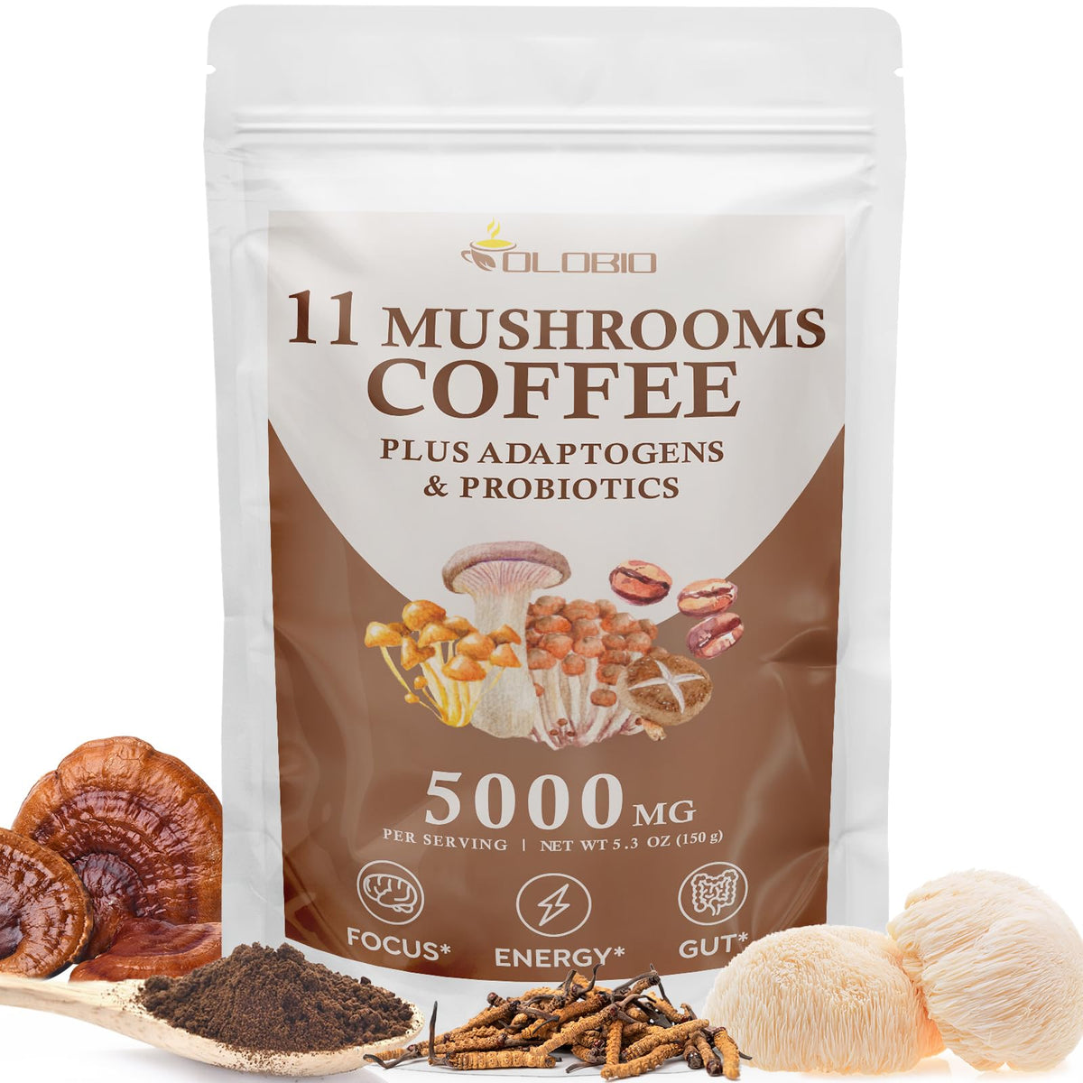 OLOBIO Café de hongos en polvo 11 mezclas, listo para disolver y apoyar concentración.
