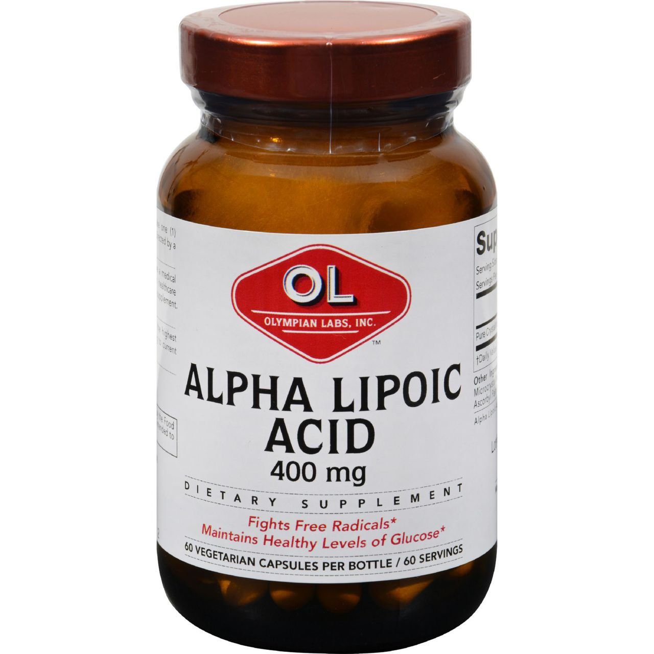 Etiqueta de Olympian Labs Alfa Lipoico 400 mg con información clara y uso seguro