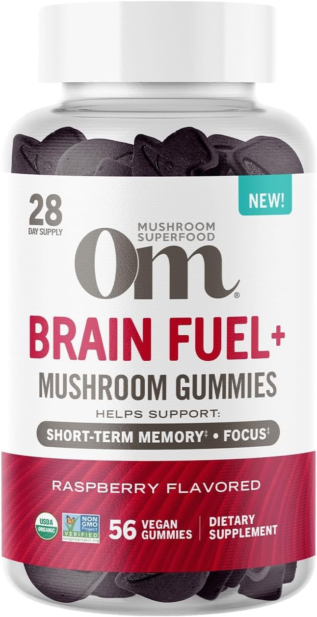 OM MUSHROOM Brain Fuel+, gominas con melena de león, botella de frambuesa para enfoque diario.