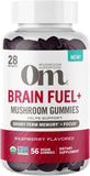 OM MUSHROOM Brain Fuel+, gominas con melena de león, botella de frambuesa para enfoque diario.