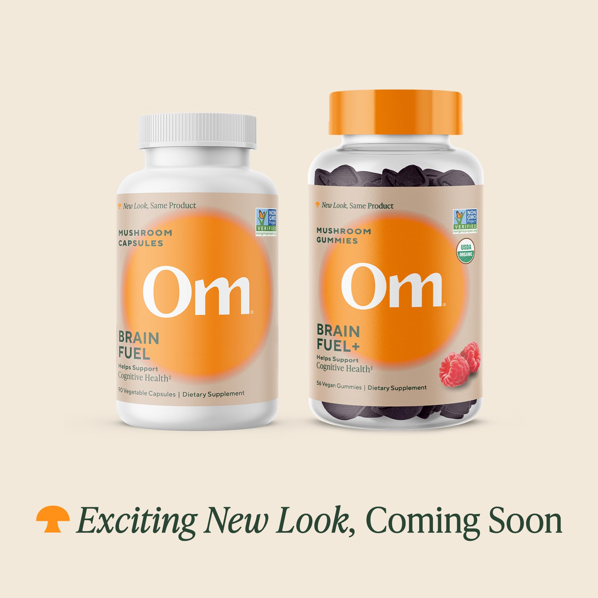 Etiqueta de OM MUSHROOM Brain Fuel+, frambuesa para memoria y claridad mental.