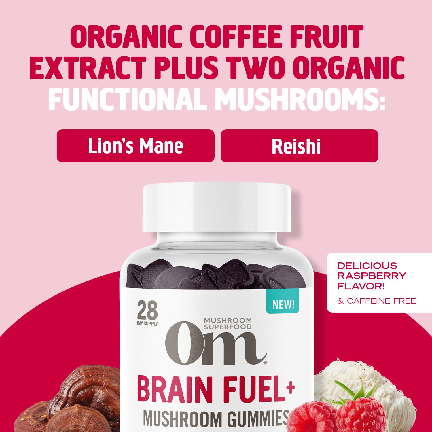Frasco de OM MUSHROOM Brain Fuel+ sobre la mesa, sabor frambuesa para snack saludable.