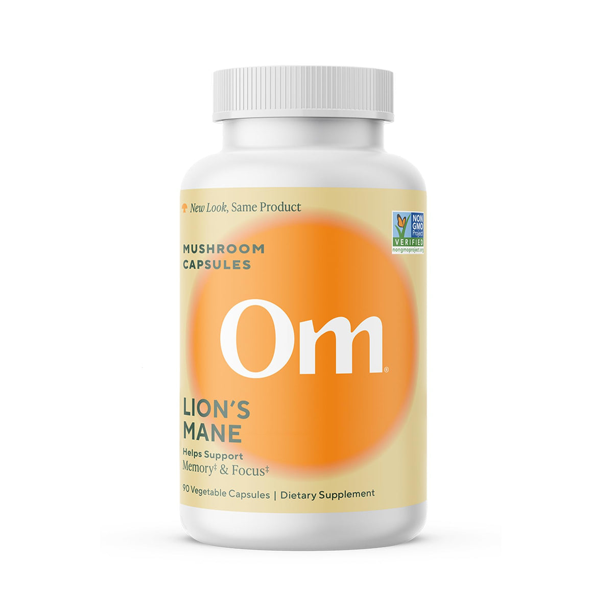 Om Mushroom Superfood, cápsulas Melena de León para apoyar memoria y enfoque.