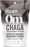 Om Mushroom Chaga orgánico, polvo en envase, posible antioxidante para uso diario.