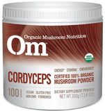 Om Cordyceps polvo frasco con etiqueta, ideal para energía diaria.