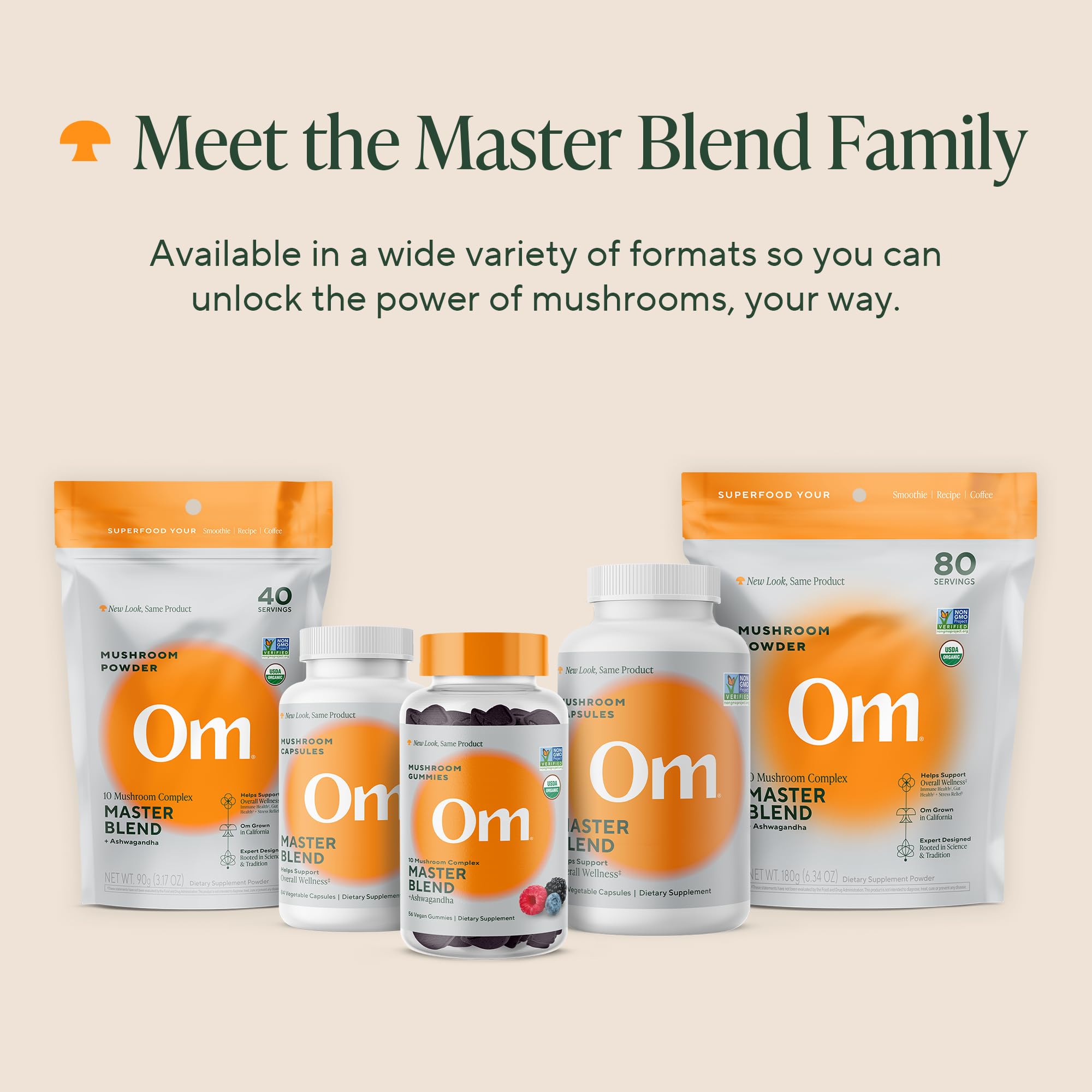 Cápsulas de Om Master Blend en fondo neutro, textura suave