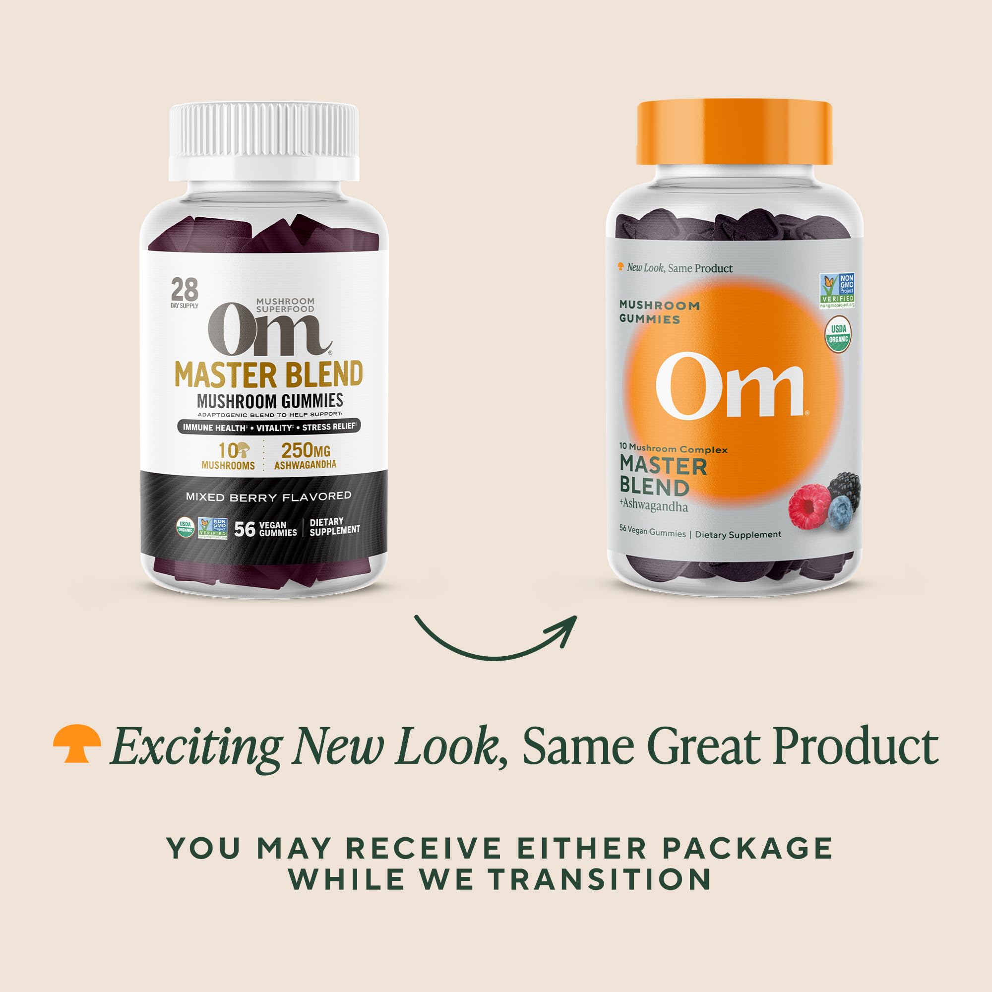 OM MUSHROOM MASTER BLEND GUMMIES etiqueta-nutricional: porciones claras para planificación de suplemento