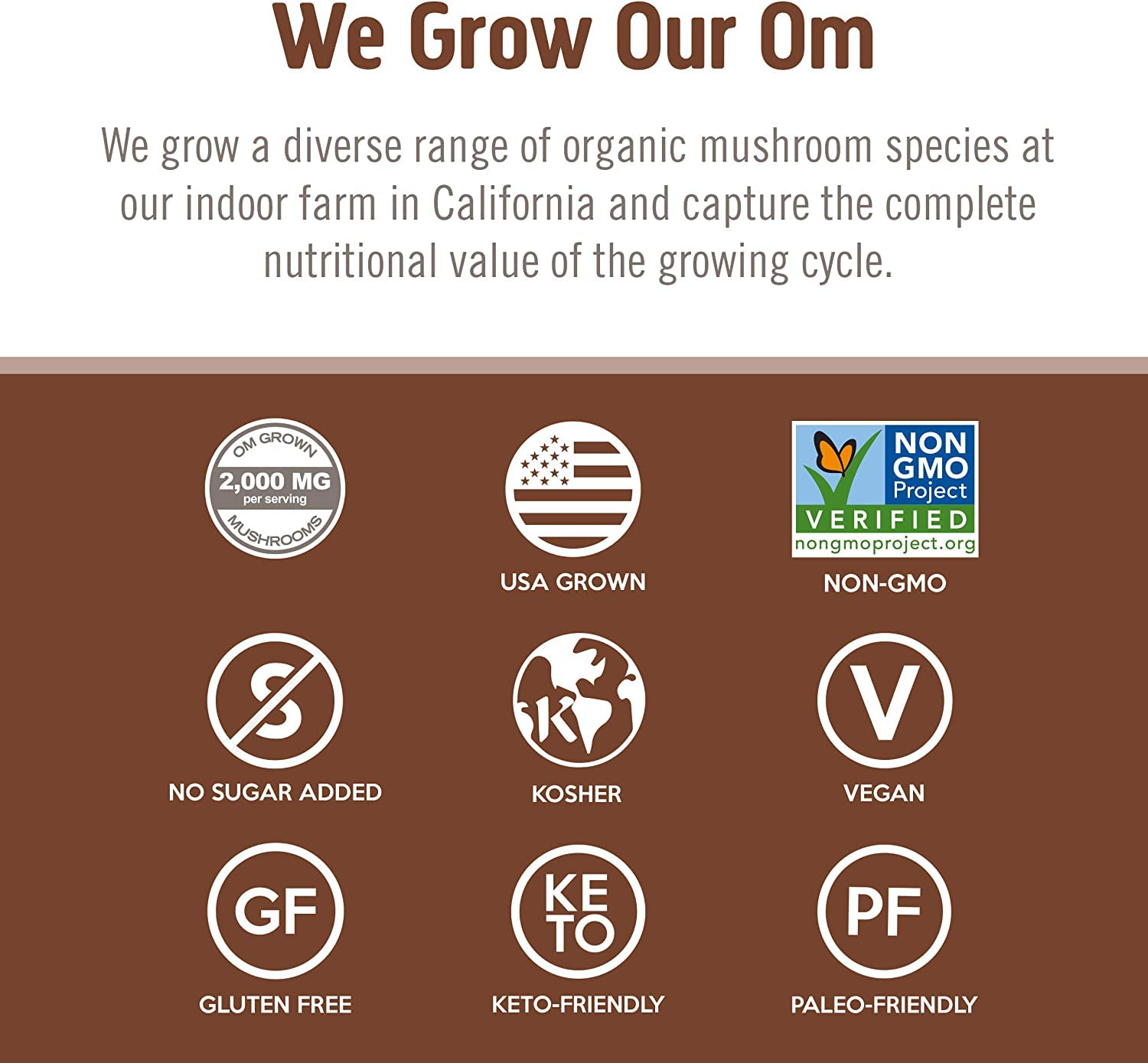Cultivo en California, OM MUSHROOM orgullosamente producido en Estados Unidos