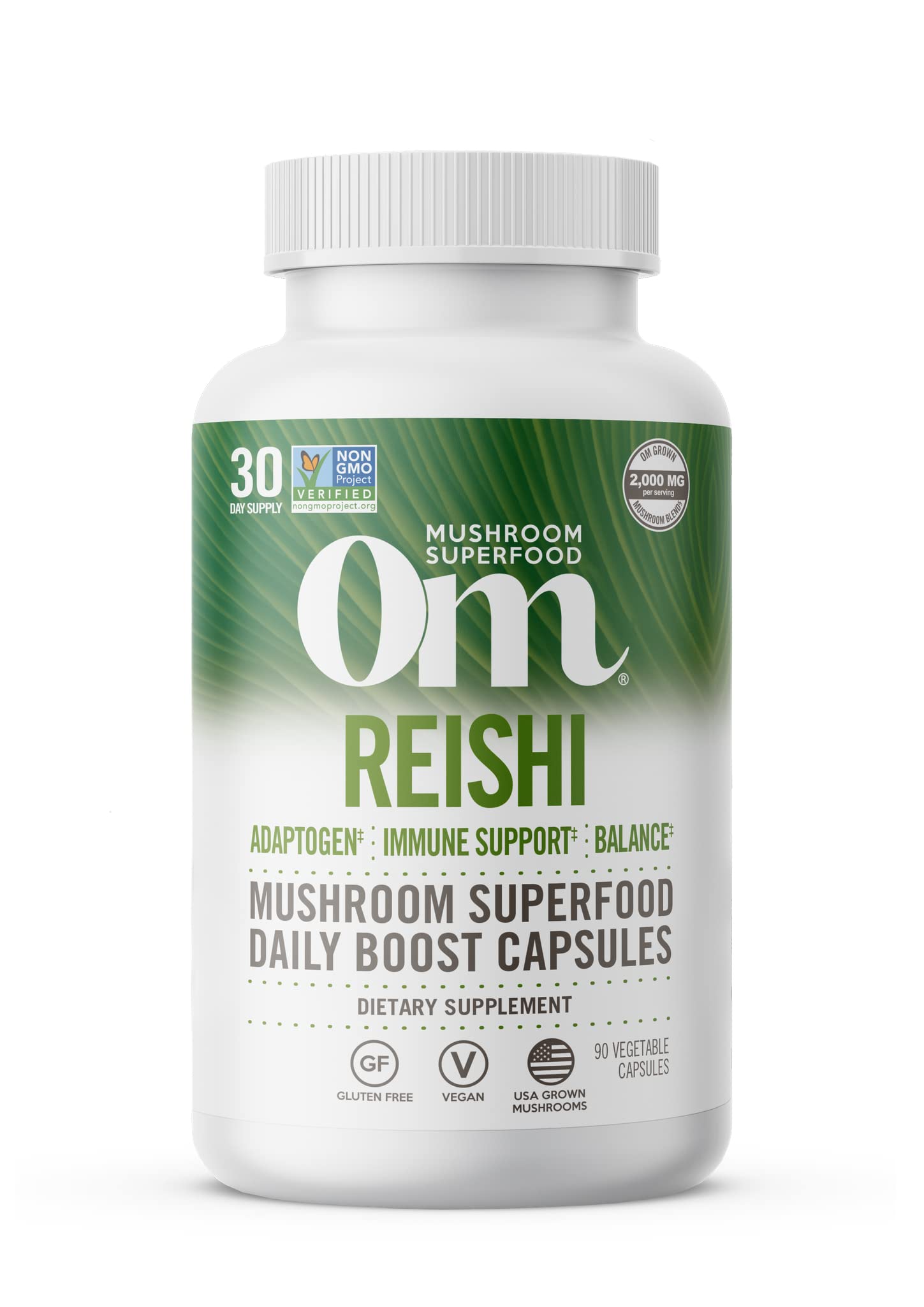 Cápsulas OM MUSHROOM SUPERFOOD Reishi en botella, posible apoyo al equilibrio diario.