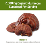 Cápsulas OM MUSHROOM SUPERFOOD Reishi en vaso, consumo práctico diario.