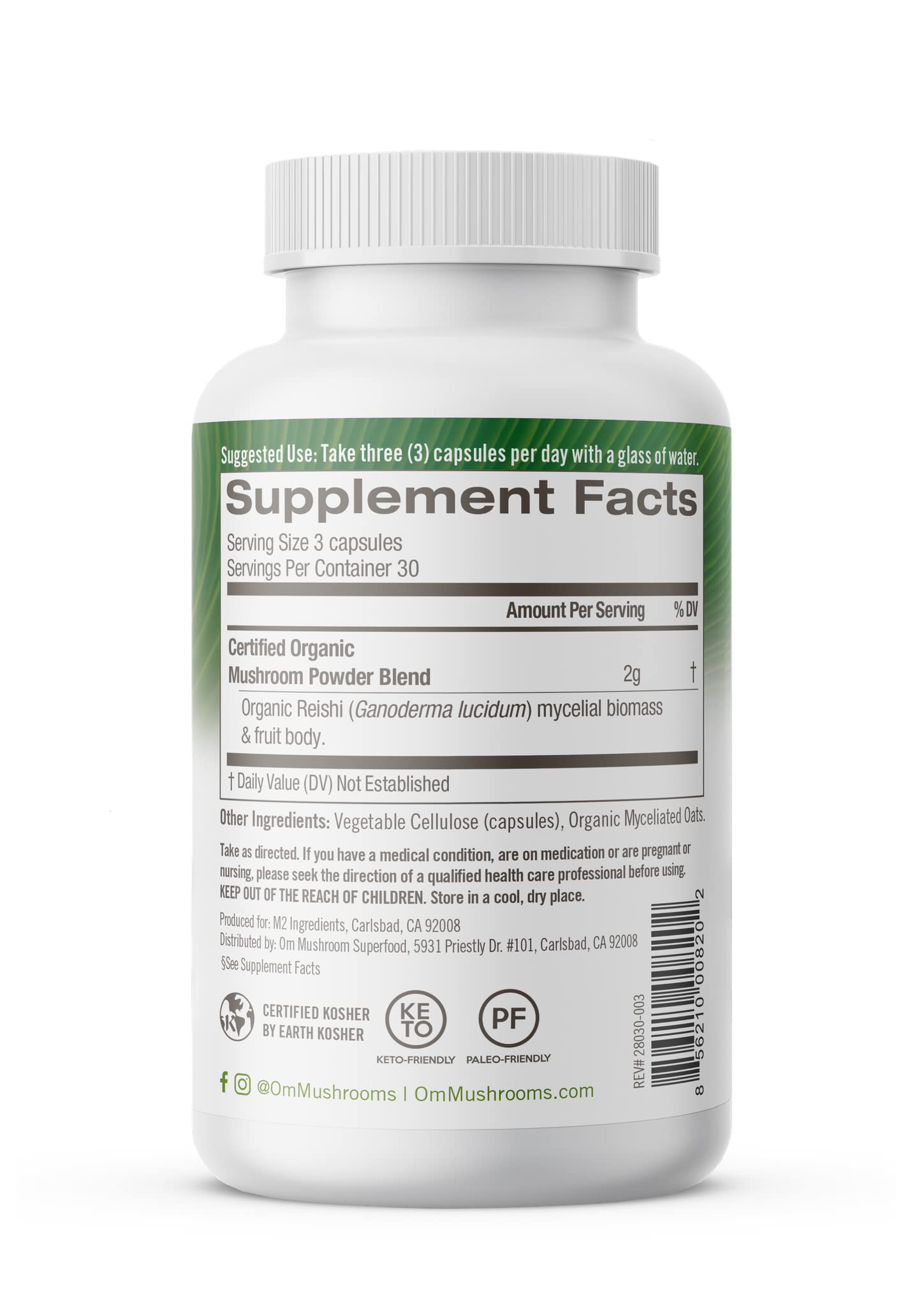 Etiqueta OM MUSHROOM SUPERFOOD Reishi, ingredientes orgánicos y prebióticos para la salud intestinal.