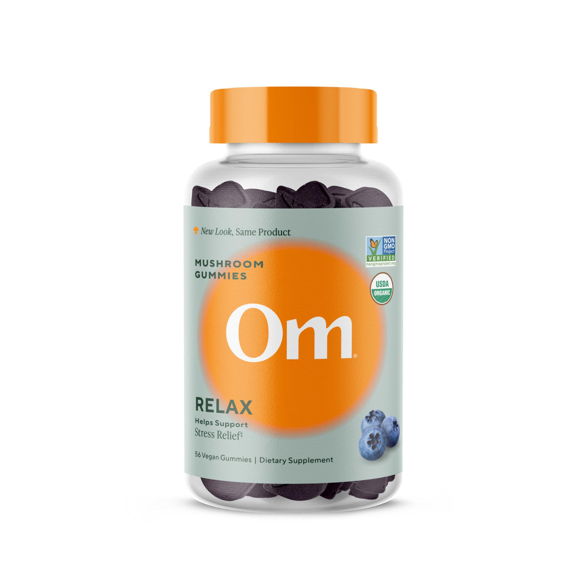 OM MUSHROOM RELAX GUMMIES, botella, opción práctica para apoyar momentos de relajación