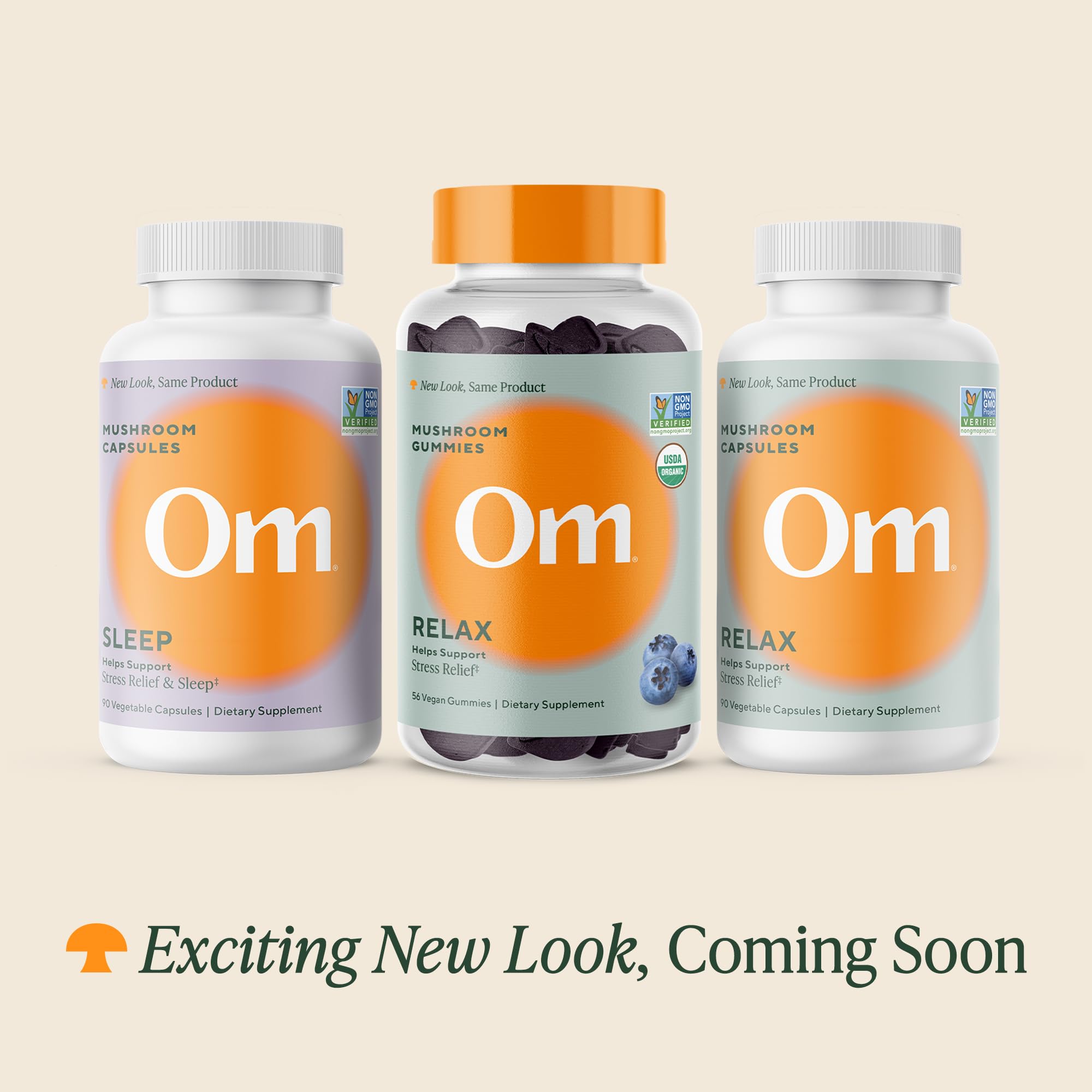 OM MUSHROOM RELAX GUMMIES, mano sujetando frasco, opción diaria conveniente