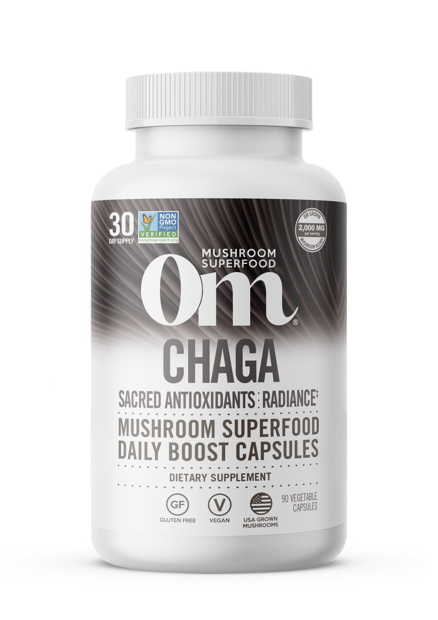OM MUSHROOM SUPERFOOD Chaga, botella de cápsulas, posible apoyo antioxidante para la energía diaria.