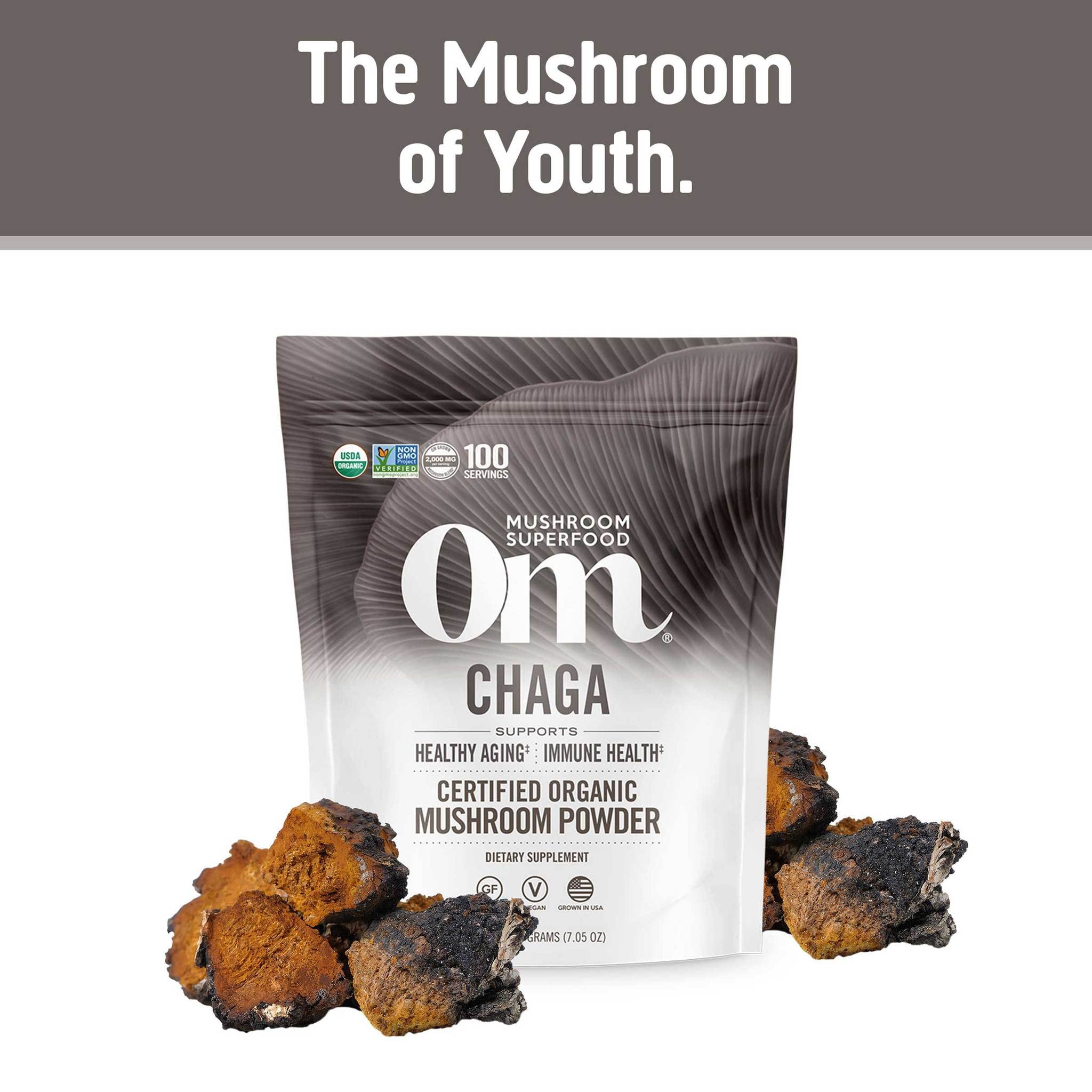OM MUSHROOM SUPERFOOD Chaga: batido suave con beneficios naturales.