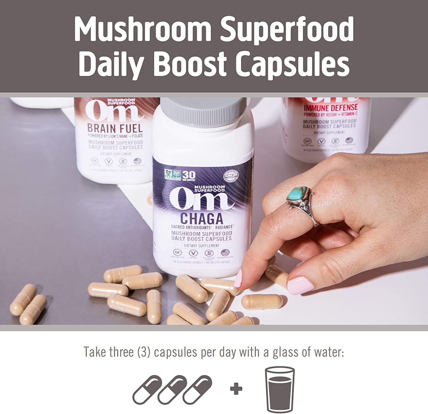 OM MUSHROOM SUPERFOOD Chaga, certificaciones y pruebas de pureza visibles.