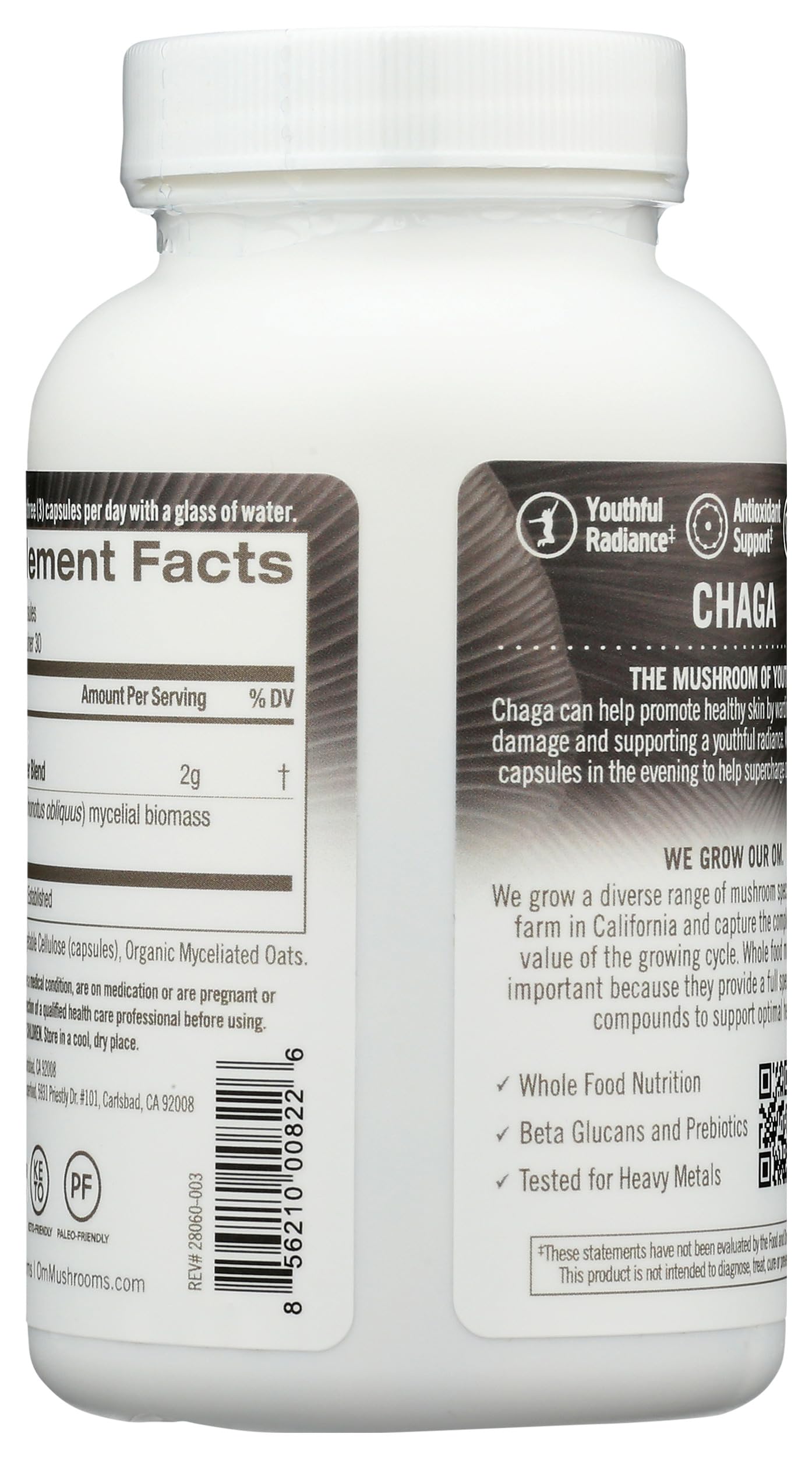 OM MUSHROOM SUPERFOOD Chaga, dosis diaria de cápsulas para consumo práctico.