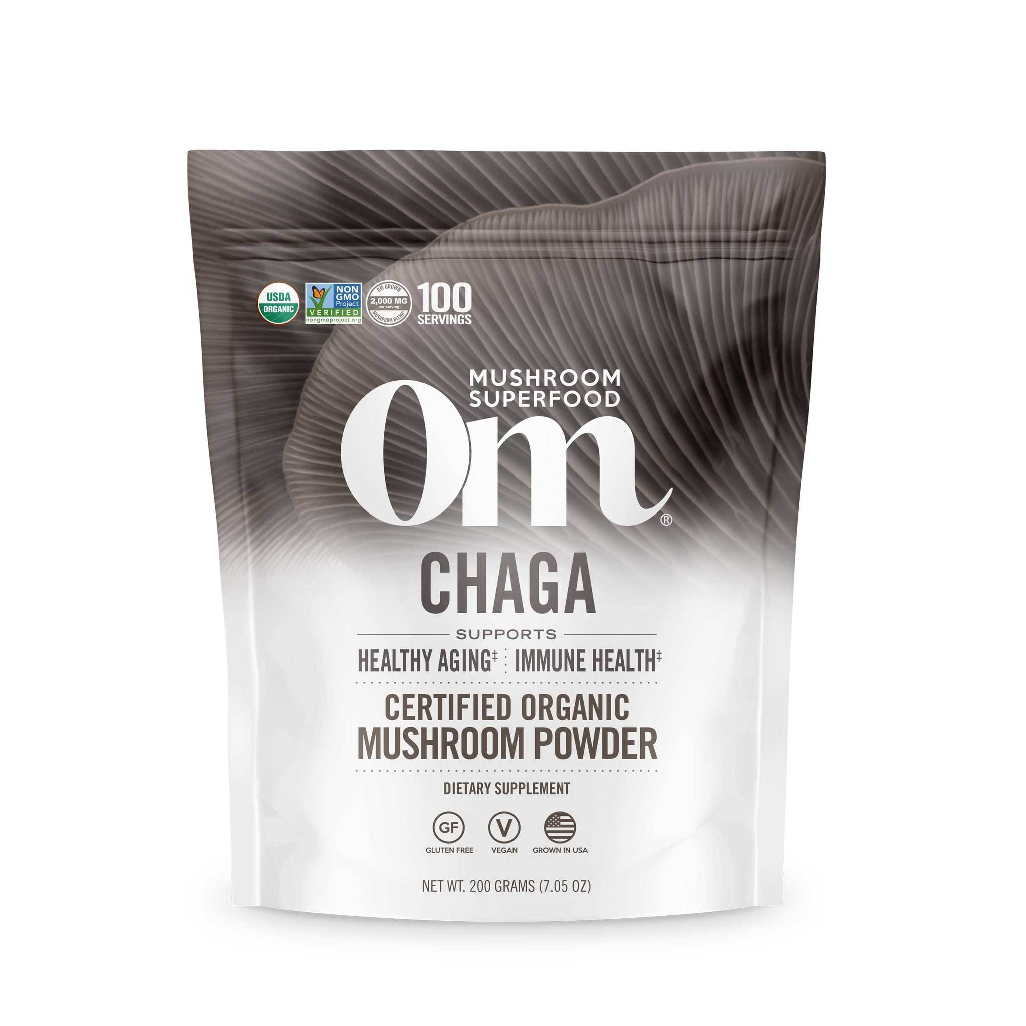 OM MUSHROOM SUPERFOOD Chaga: polvo en frasco para uso diario y antioxidantes.