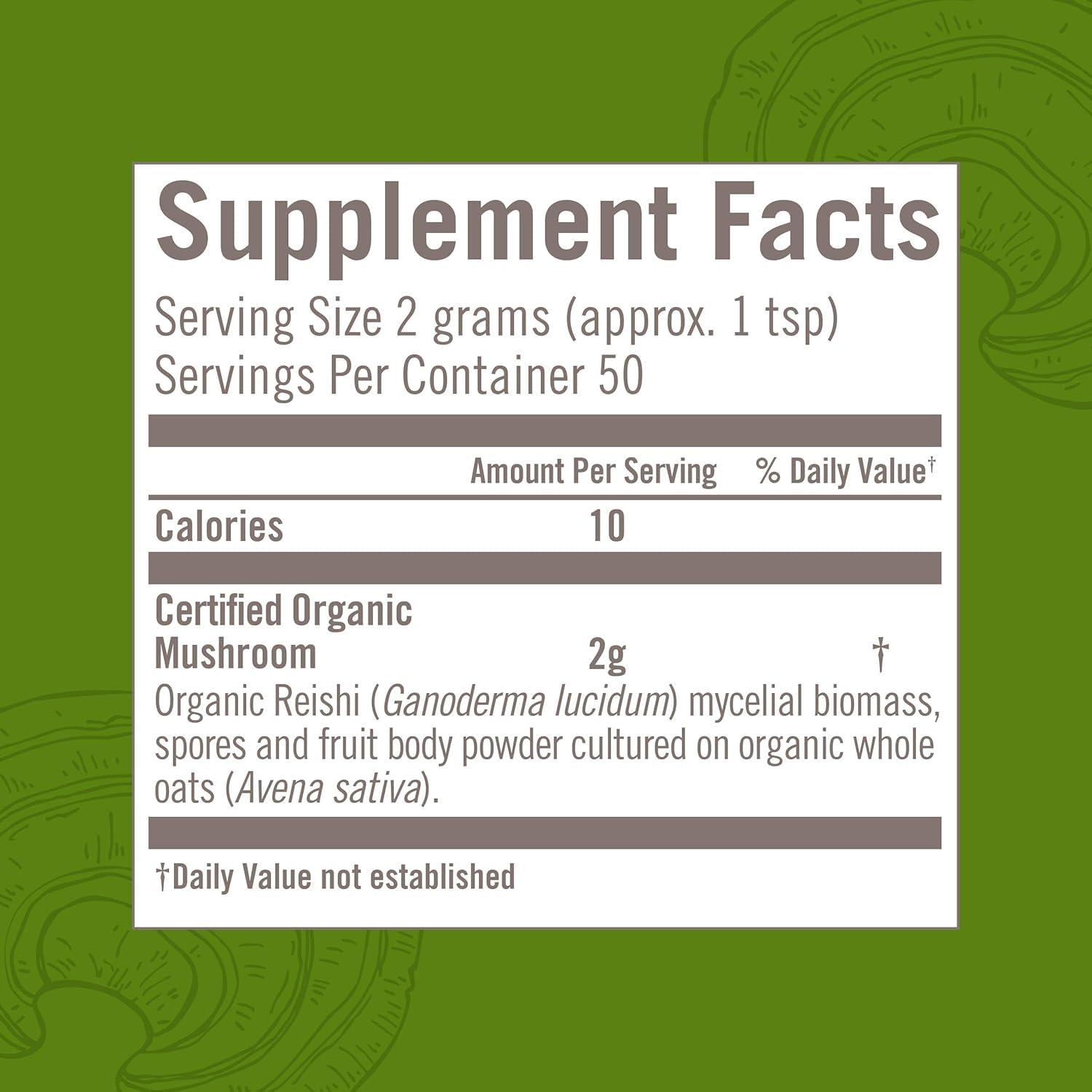 OM MUSHROOM SUPERFOOD Etiqueta Reishi orgánico, certificado y limpio.