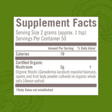 OM MUSHROOM SUPERFOOD Etiqueta Reishi orgánico, certificado y limpio.