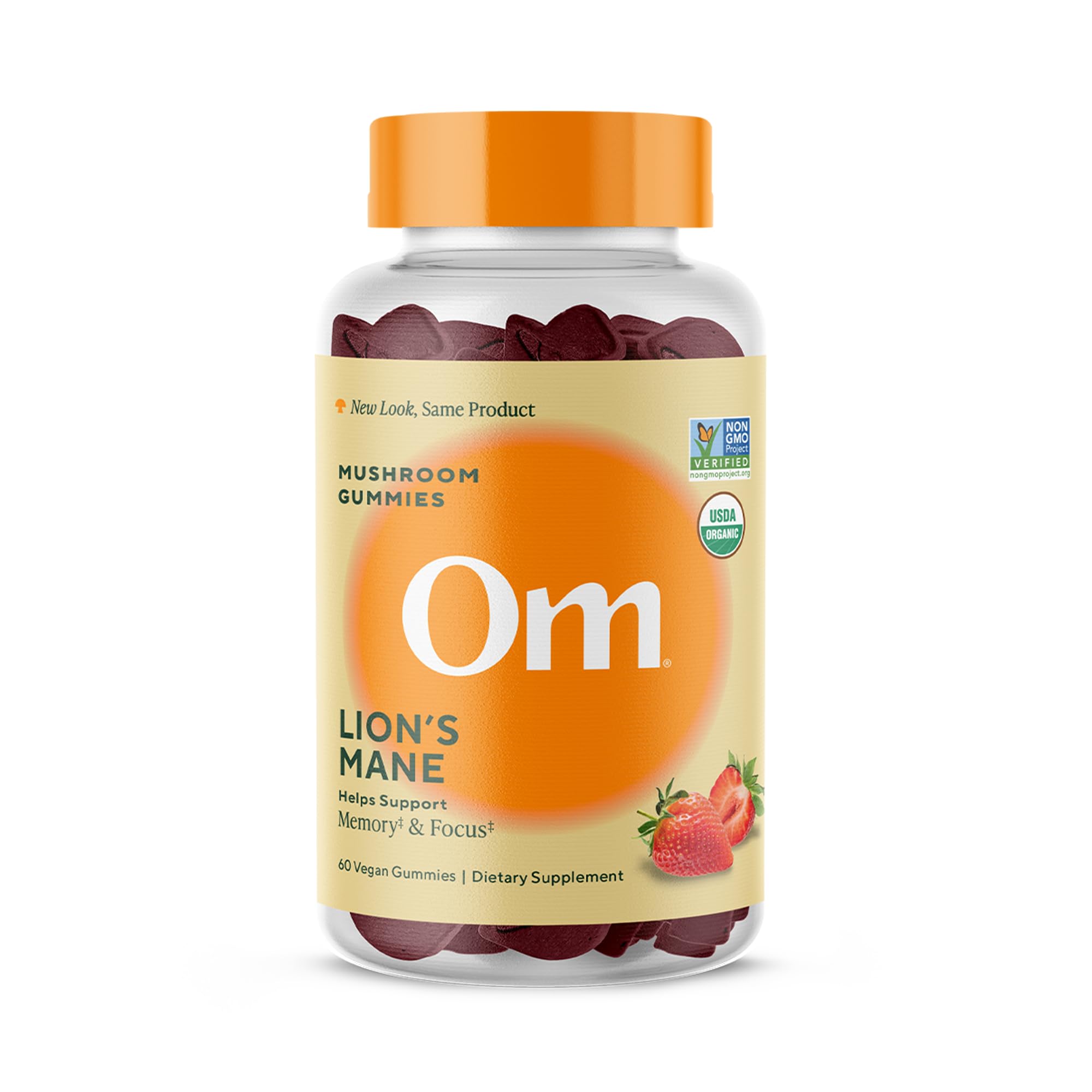 Gomitas OM MUSHROOM SUPERFOOD Melena de León en envase, posible impulso para concentración diaria.